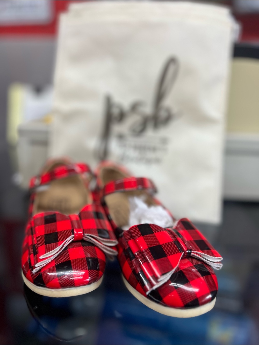 Girls Red Buffalo Plaid Mary Jane Dress Shoes with Bow